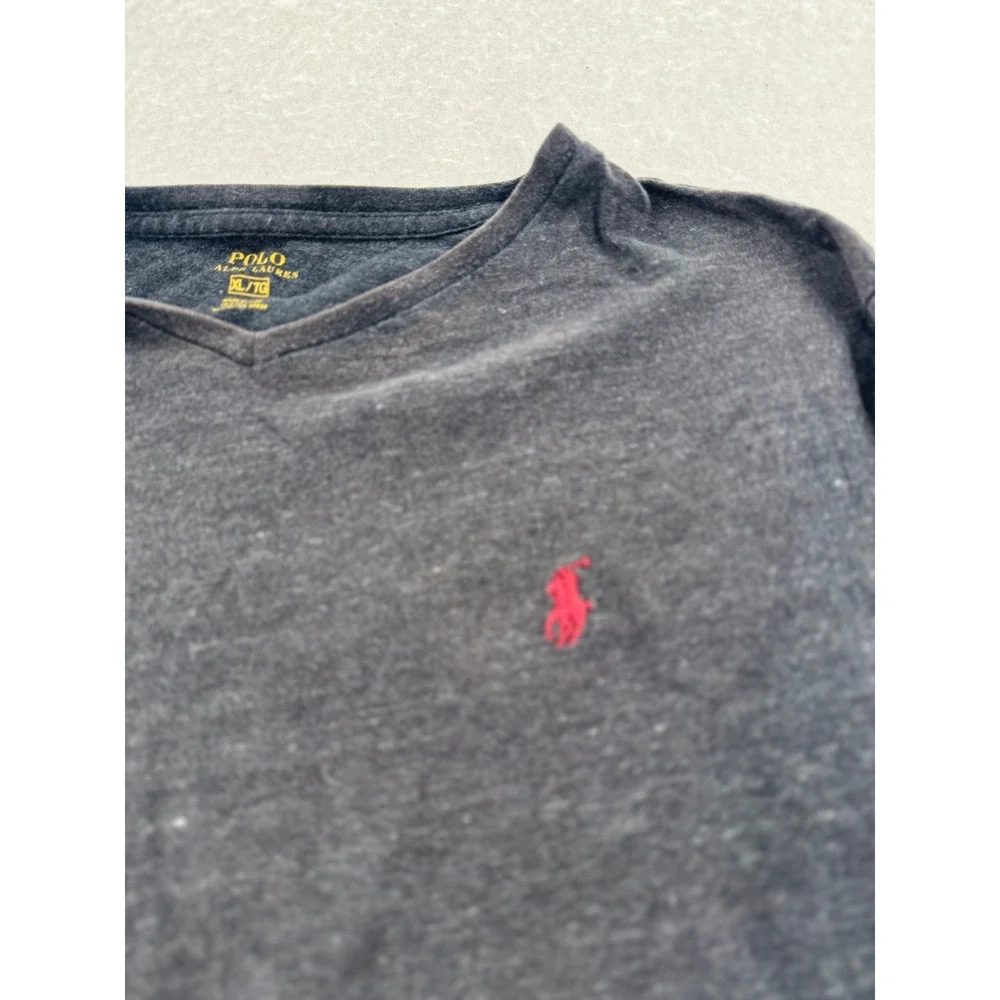 Polo Ralph Lauren - V-Neck Long Sleeve Tee Pony Logo - Charcoal Grey - XL - Mens